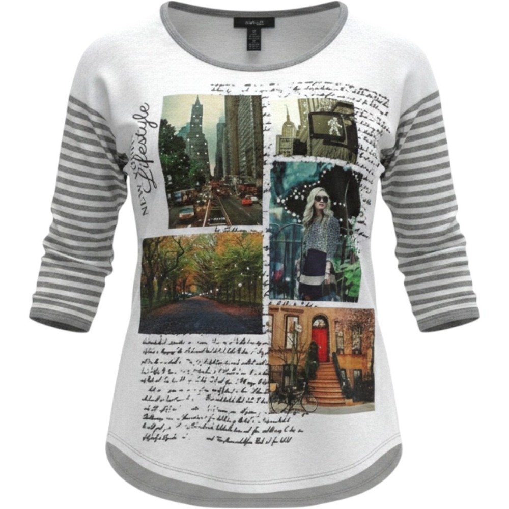 Style & Co Graphic Tee Wms PM Gray New York City Print Striped 3/4 Sleeve Artsy
